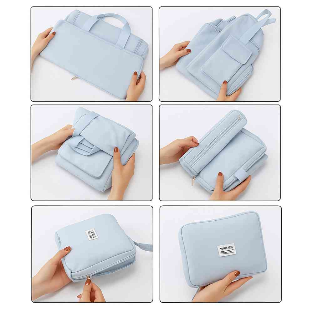 Bolsa de Academia e Viagem Feminina Multifuncional Azul Bebê Urbanno, exibindo seis passos em fotos para dobrar e compactar a bolsa, demonstrando sua facilidade de armazenamento.