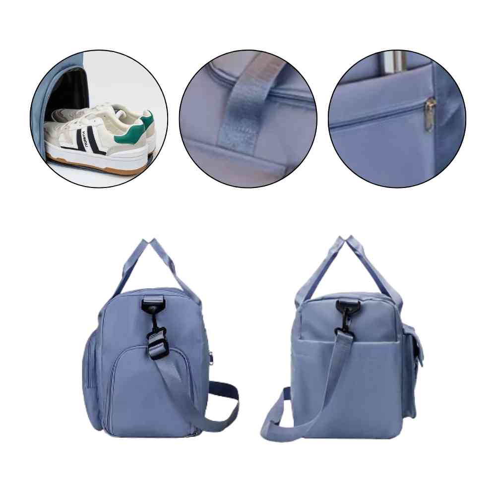 Bolsa de Academia e Viagem Feminina Multifuncional Azul Urbanno, com duas vistas laterais e três círculos detalhando: compartimento de sapatos, alça de mão e puxador do zíper.