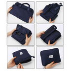 Bolsa de Academia e Viagem Feminina Multifuncional Azul Escuro Urbanno, exibindo seis passos em fotos para dobrar e compactar a bolsa, demonstrando sua facilidade de armazenamento.