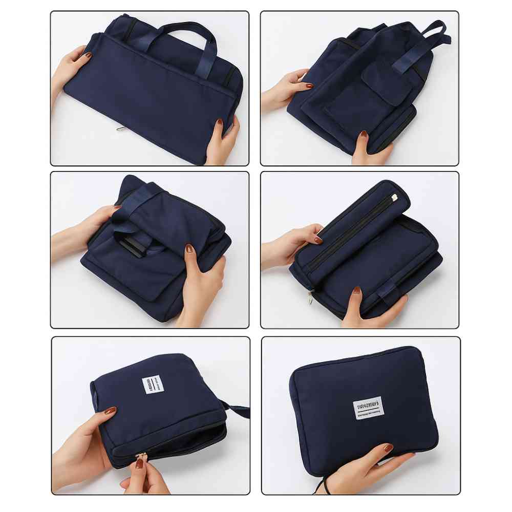 Bolsa de Academia e Viagem Feminina Multifuncional Azul Escuro Urbanno, exibindo seis passos em fotos para dobrar e compactar a bolsa, demonstrando sua facilidade de armazenamento.