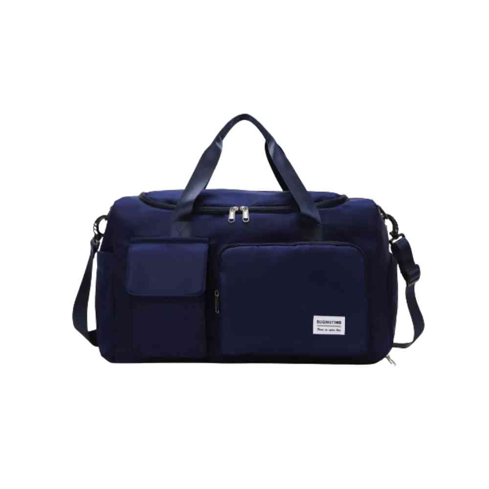Bolsa de Academia e Viagem Feminina Multifuncional Azul Escuro Urbanno, vista frontal, com todos os bolsos fechados, destacando seu design compacto e organizado.