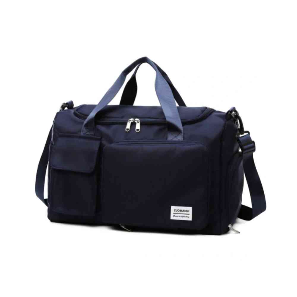 Bolsa de Academia e Viagem Feminina Multifuncional Azul Escuro Urbanno, vista frontal, com múltiplos bolsos e alças azuis, destacando sua funcionalidade e design elegante.