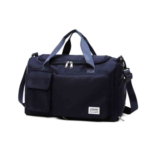 Bolsa de Academia e Viagem Feminina Multifuncional Azul Escuro Urbanno, vista frontal, com múltiplos bolsos e alças azuis, destacando sua funcionalidade e design elegante.