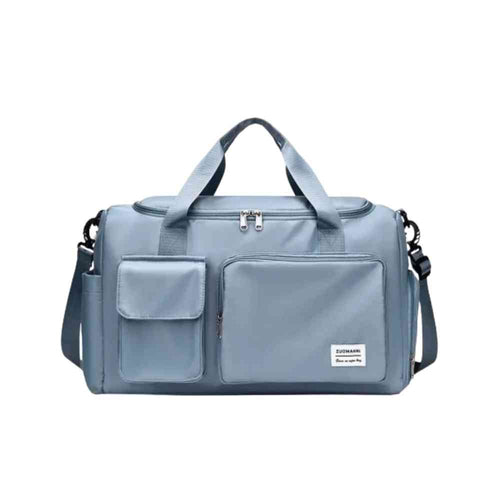 Bolsa de Academia e Viagem Feminina Multifuncional Azul Urbanno, vista frontal, com múltiplos bolsos externos e alças azuis, destacando seu design prático e elegante.