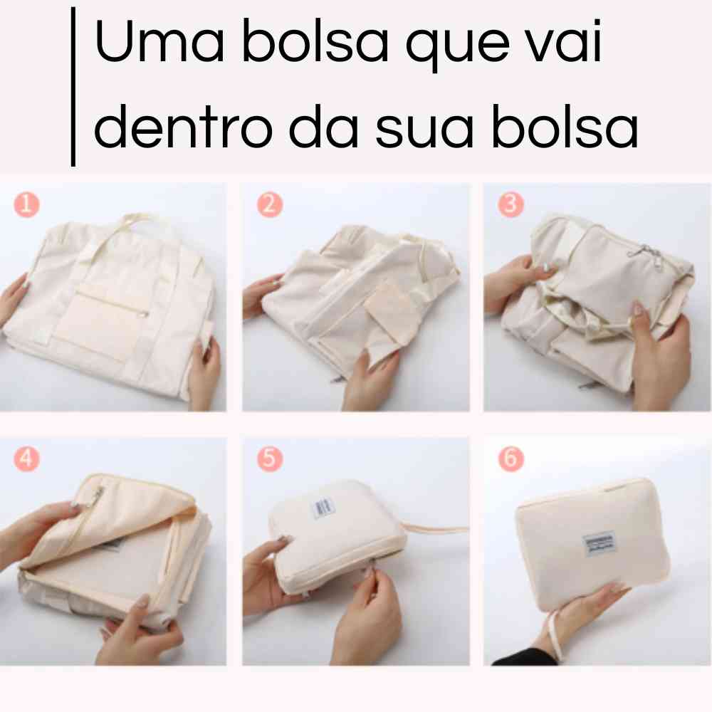 Diagrama com seis passos mostrando como dobrar e compactar a Bolsa de Academia e Viagem Feminina Multifuncional Khaki Urbanno, com a frase "Uma bolsa que vai dentro da sua bolsa" no topo, ilustrando sua portabilidade.