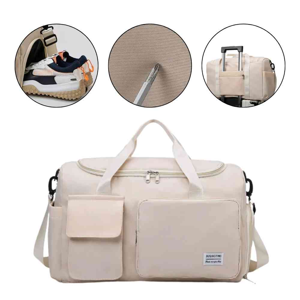 Bolsa de Academia e Viagem Feminina Multifuncional Khaki Urbanno, com três círculos destacando: compartimento lateral para sapatos, detalhe do tecido e a bolsa acoplada à alça de uma mala de viagem.