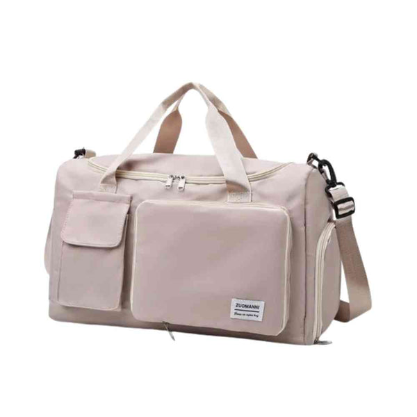 Bolsa de Academia e Viagem Feminina Multifuncional Khaki Urbanno, vista frontal, exibindo múltiplos bolsos externos, alças e alça de ombro ajustável, destacando seu design prático.
