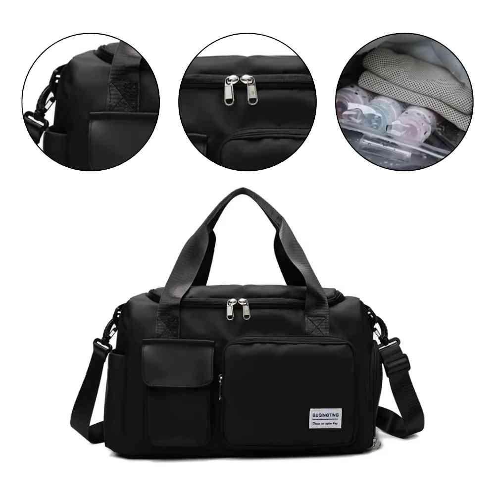Bolsa de Academia e Viagem Feminina Multifuncional Preta Urbanno, com três círculos detalhando: encaixe da alça de ombro, puxadores do zíper e compartimento interno para líquidos, além da visão frontal da bolsa.