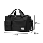 Bolsa de Academia e Viagem Feminina Multifuncional Preta Urbanno, com linhas indicando suas dimensões de 48cm de comprimento, 28cm de altura e 21cm de profundidade.