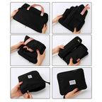 Bolsa de Academia e Viagem Feminina Multifuncional Preta Urbanno, exibindo seis passos em fotos para dobrar e compactar a bolsa, demonstrando sua facilidade de armazenamento.