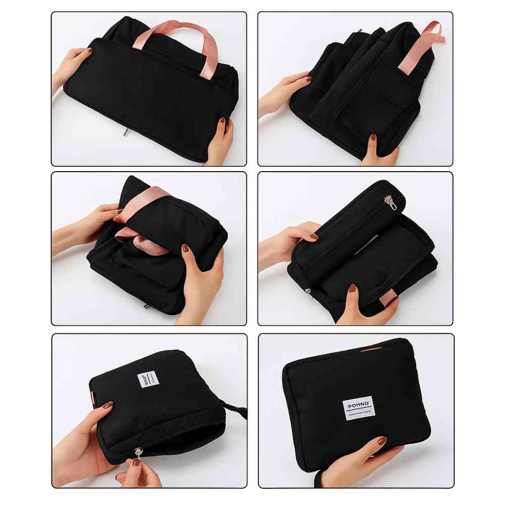 Bolsa de Academia e Viagem Feminina Multifuncional Preta Urbanno, exibindo seis passos em fotos para dobrar e compactar a bolsa, demonstrando sua facilidade de armazenamento.