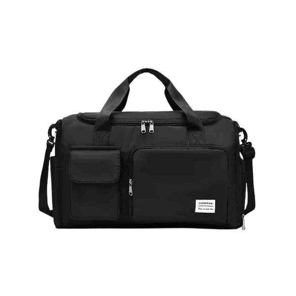 Bolsa de Academia e Viagem Feminina Multifuncional Preta Urbanno, vista frontal, com múltiplos bolsos externos e alças pretas, destacando seu design prático e elegante.