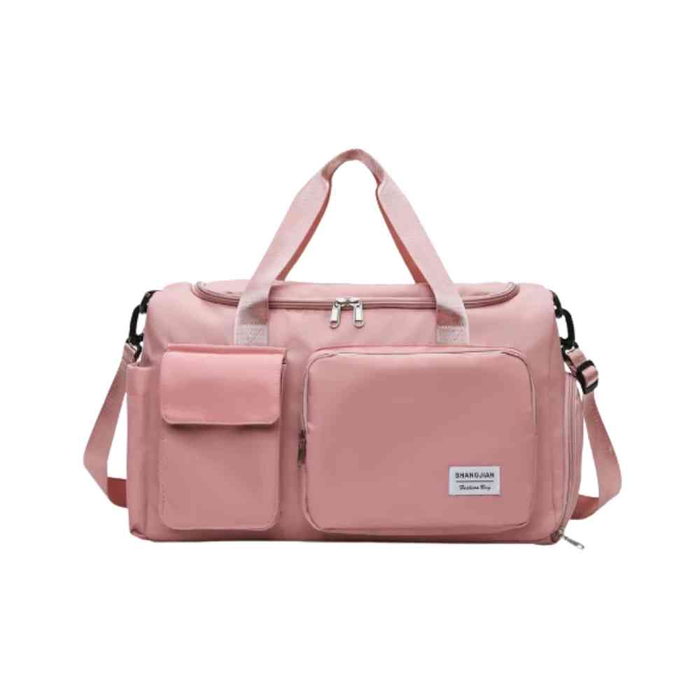 Bolsa de Academia e Viagem Feminina Multifuncional Rosa Pêssego Urbanno, vista frontal, com múltiplos bolsos externos e alças cor de rosa, destacando seu design prático e elegante.