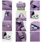 Bolsa de Academia e Viagem Feminina Multifuncional Roxa Urbanno, mostrando em um guia visual como dobrar e compactar a bolsa para fácil armazenamento e transporte.