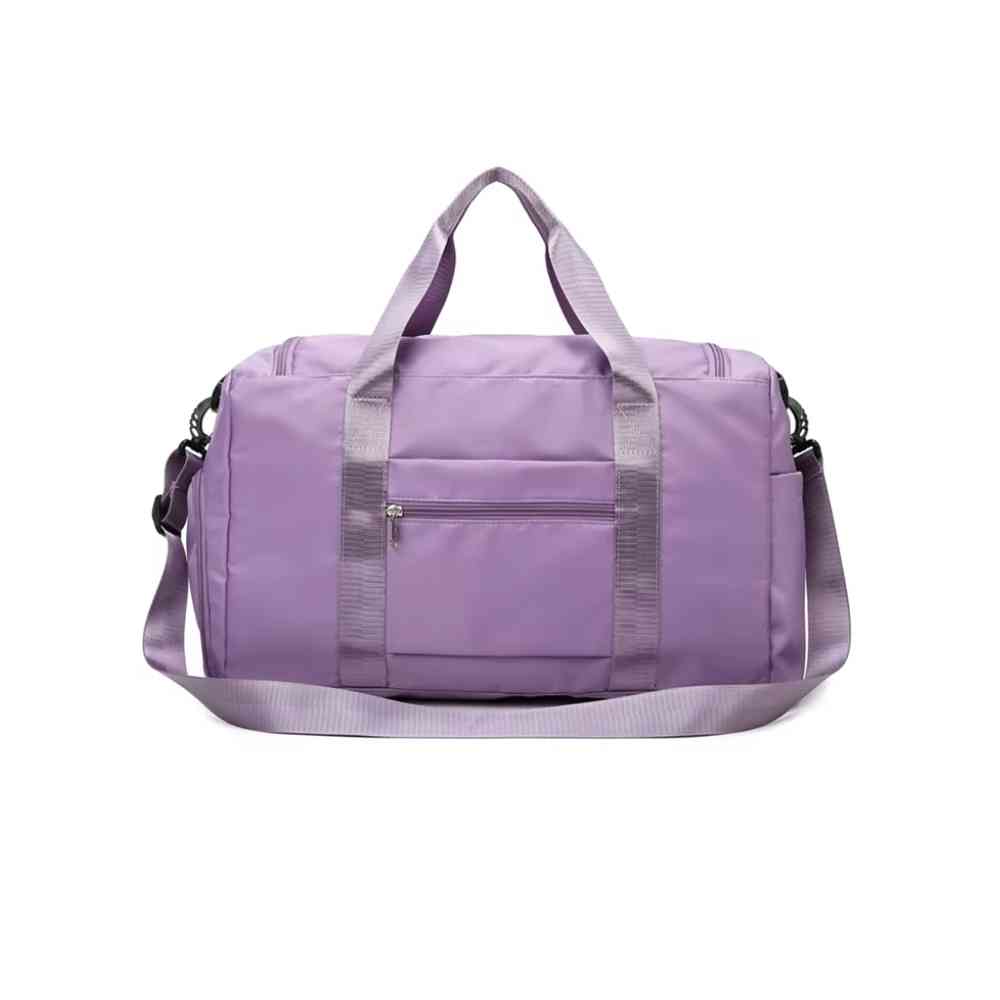 Bolsa de Academia e Viagem Feminina Multifuncional Roxa Urbanno, vista traseira, com alças de mão e alça de ombro estendida, exibindo o bolso frontal na parte de trás.