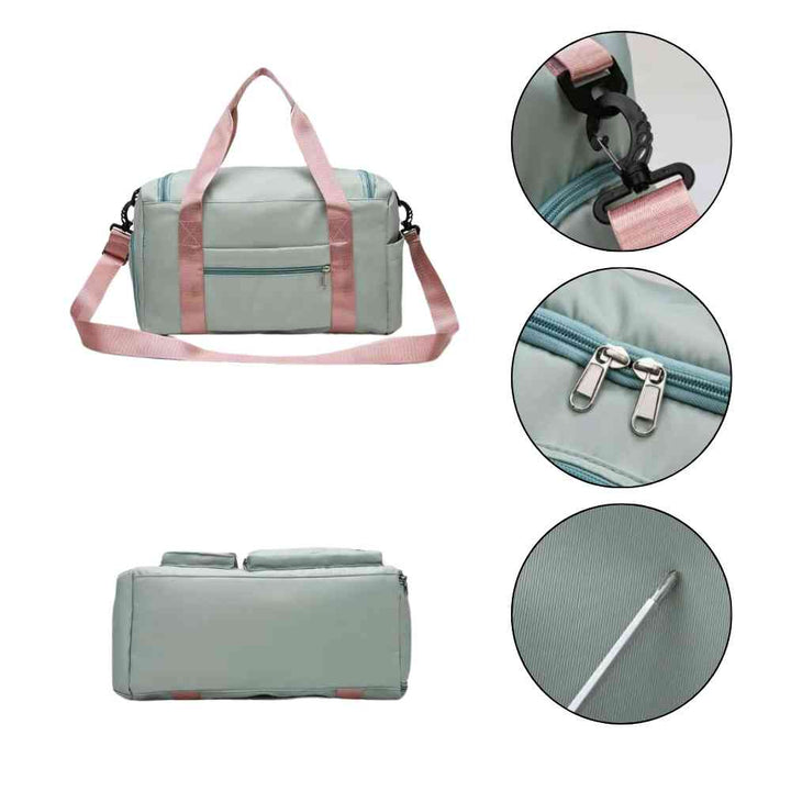 Bolsa de Academia e Viagem Feminina Multifuncional Verde Menta com Alça Rosa Urbanno, com quatro visões: frontal, inferior e três círculos detalhando o mosquetão da alça, os puxadores do zíper e a textura do tecido.
