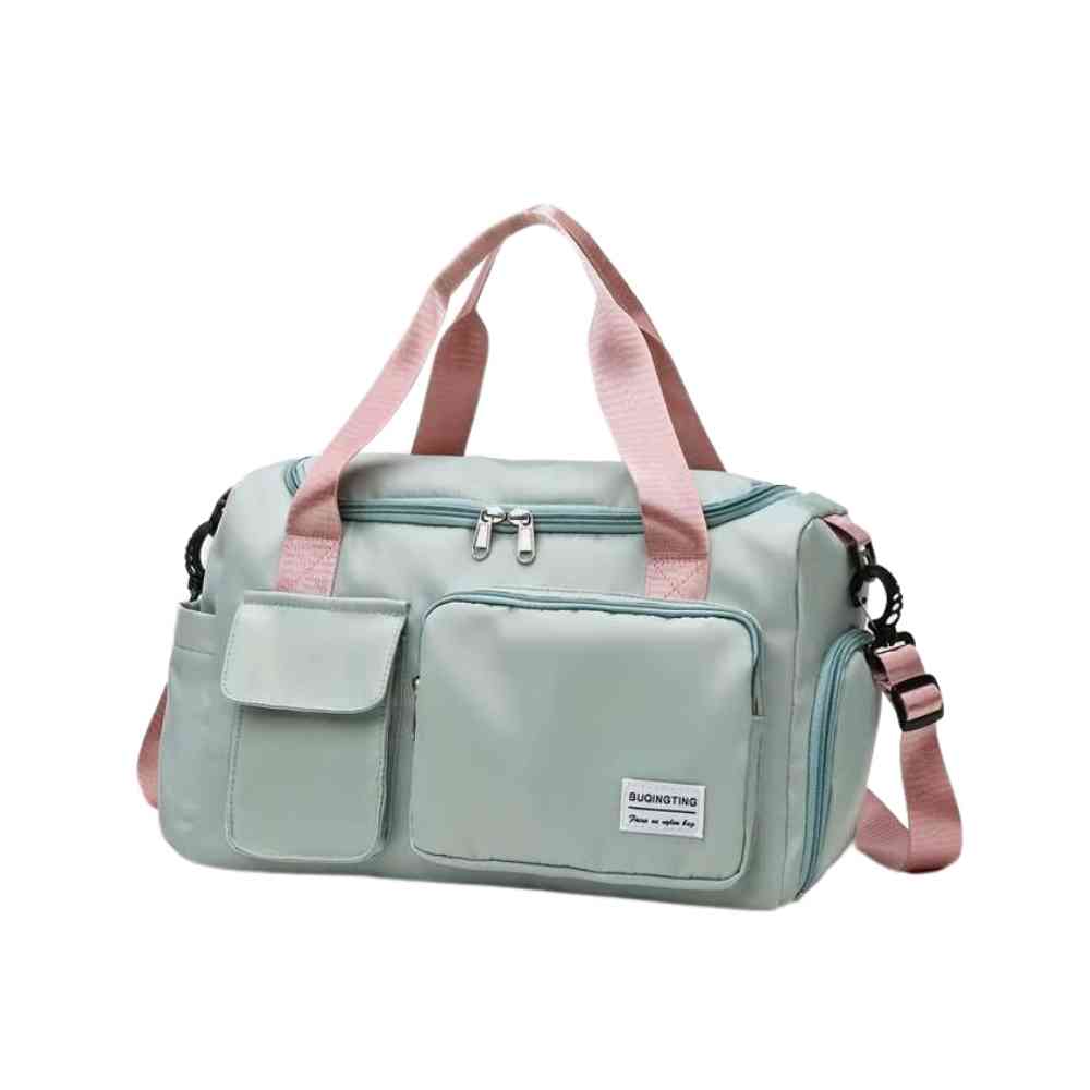 Bolsa de Academia e Viagem Feminina Multifuncional Verde Menta com Alça Rosa Urbanno, vista frontal, exibindo múltiplos bolsos externos, alças e alça de ombro rosa, com detalhes em verde menta.