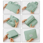 Bolsa de Academia e Viagem Feminina Multifuncional Verde Urbanno, exibindo seis passos em fotos para dobrar e compactar a bolsa, demonstrando sua facilidade de armazenamento para viagens.