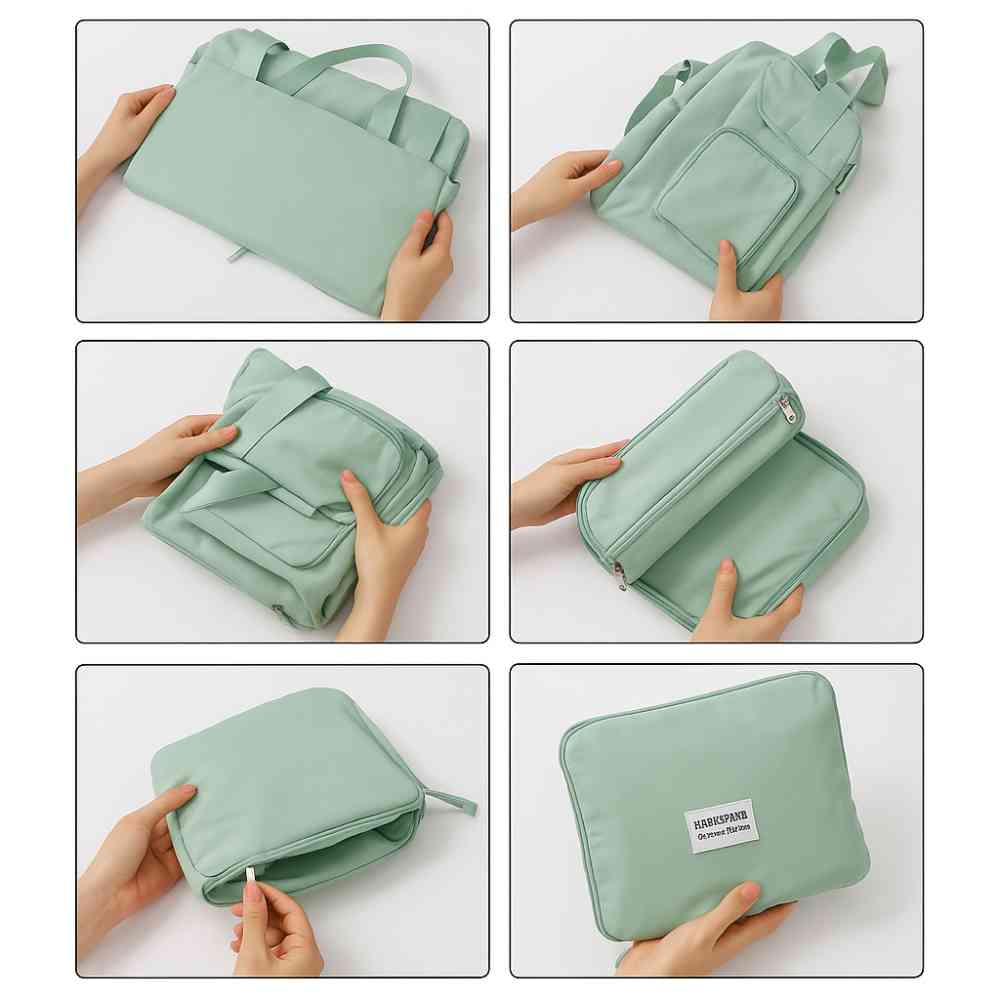 Bolsa de Academia e Viagem Feminina Multifuncional Verde Urbanno, exibindo seis passos em fotos para dobrar e compactar a bolsa, demonstrando sua facilidade de armazenamento para viagens.