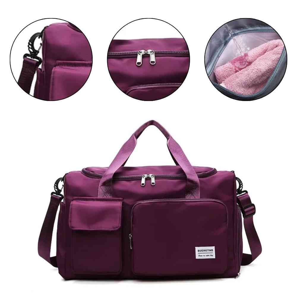 Bolsa de Academia e Viagem Feminina Multifuncional Vinho Urbanno, com três círculos detalhando: o encaixe da alça de ombro, os puxadores do zíper principal e o compartimento interno com toalha, além da visão frontal da bolsa.