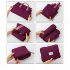 Bolsa de Academia e Viagem Feminina Multifuncional Vinho Urbanno, exibindo seis passos em fotos para dobrar e compactar a bolsa, demonstrando sua facilidade de armazenamento para viagens.