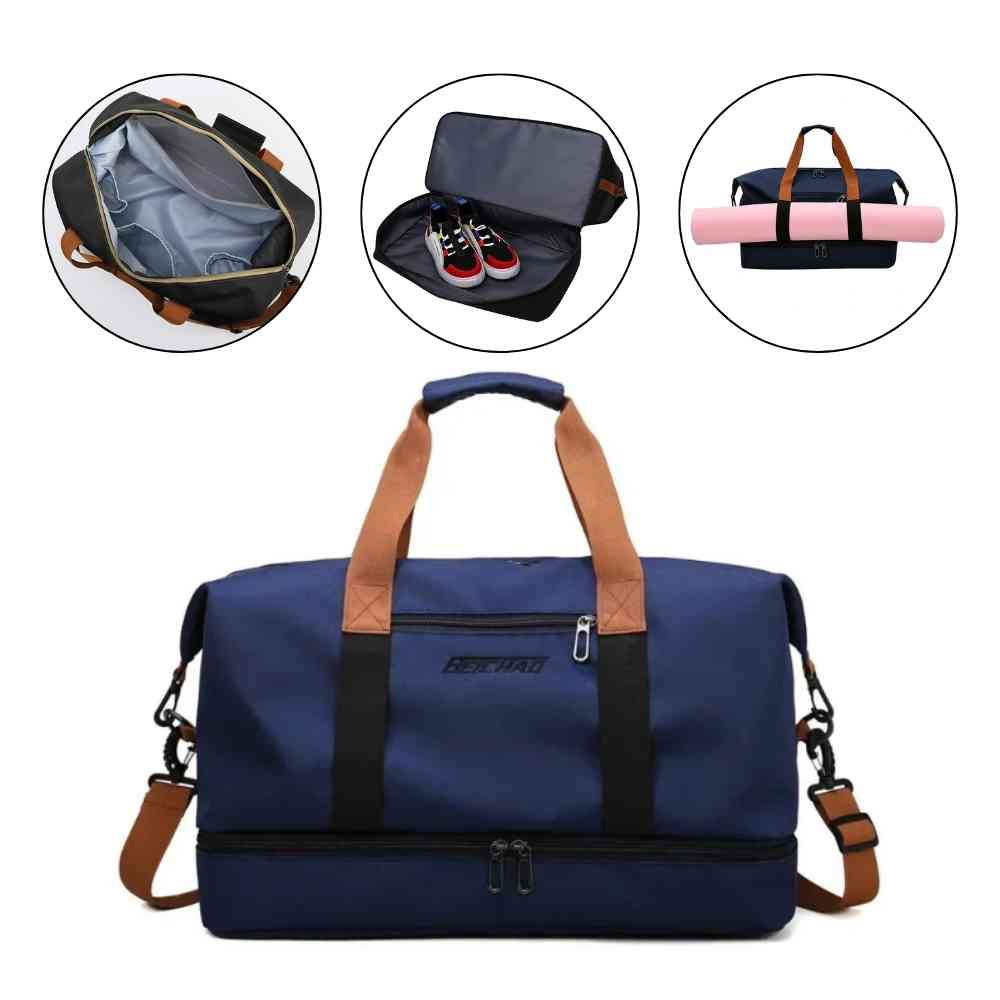 Bolsa de Academia e Viagem Grande com Compartimento de Sapatos Azul Urbanno, com três círculos detalhando: interior com divisórias, compartimento inferior com tênis e colchonete de yoga preso na parte externa.