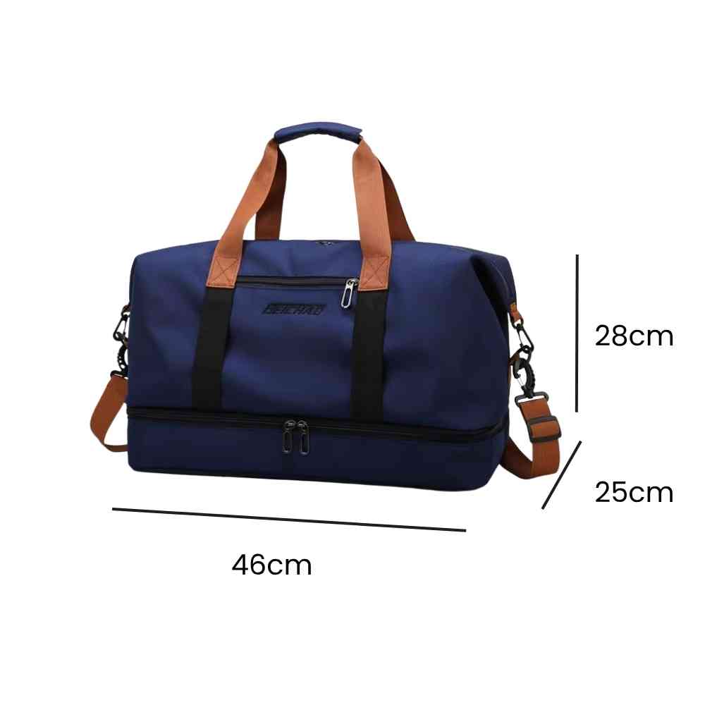 Bolsa de Academia e Viagem Grande com Compartimento de Sapatos Azul Urbanno, com linhas indicando suas dimensões de 46cm de comprimento, 28cm de altura e 25cm de largura.
