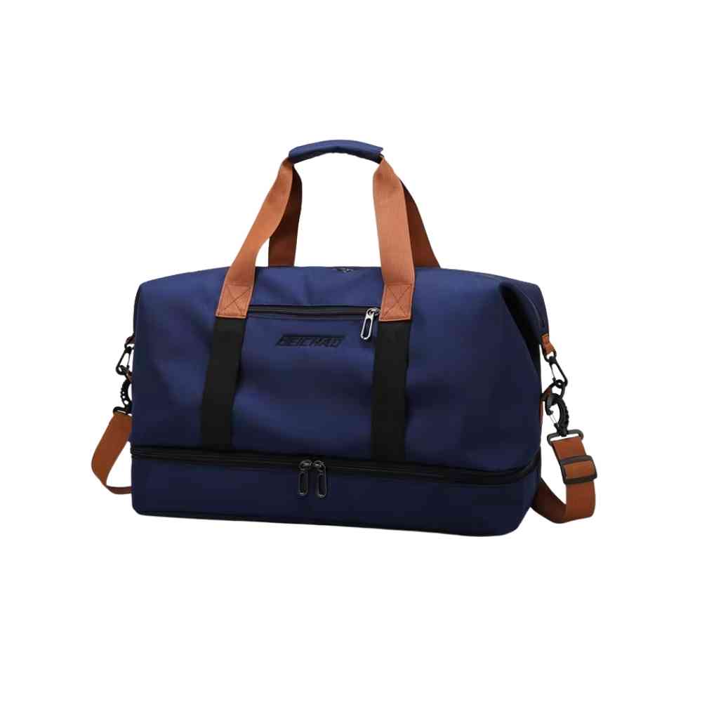 Bolsa de Academia e Viagem Grande com Compartimento de Sapatos Azul Urbanno, vista frontal, exibindo alças de mão marrons e alça de ombro, e compartimento inferior com zíperes duplos.