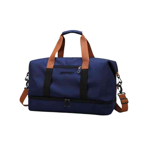 Bolsa de Academia e Viagem Grande com Compartimento de Sapatos Azul Urbanno, vista frontal, exibindo alças de mão marrons e alça de ombro, e compartimento inferior com zíperes duplos.