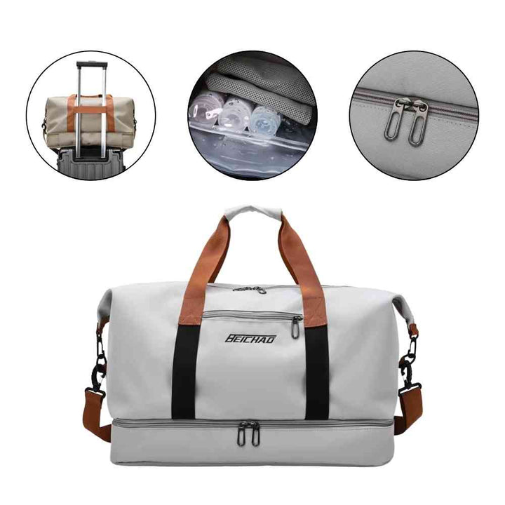 Bolsa de Academia e Viagem Grande com Compartimento de Sapatos Cinza Urbanno, com três círculos detalhando: acoplagem em mala, organizador de garrafas e puxadores dos zíperes.