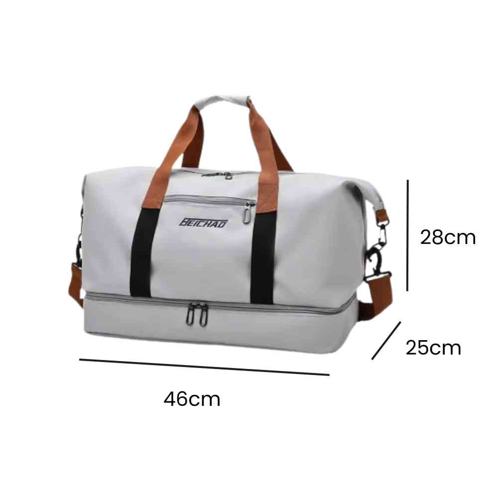Bolsa de Academia e Viagem Grande com Compartimento de Sapatos Cinza Urbanno, com linhas indicando suas dimensões de 46cm de comprimento, 28cm de altura e 25cm de largura.
