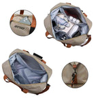 Bolsa de Academia e Viagem Grande com Compartimento de Sapatos Khaki Urbanno, em quatro seções mostrando: compartimento frontal com celular, interior espaçoso com calçados, vista interna com bolsos organizadores e detalhe do gancho da alça.