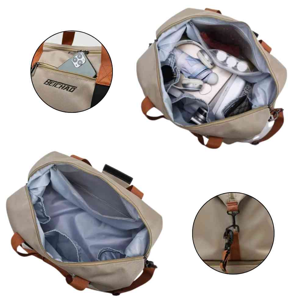 Bolsa de Academia e Viagem Grande com Compartimento de Sapatos Khaki Urbanno, em quatro seções mostrando: compartimento frontal com celular, interior espaçoso com calçados, vista interna com bolsos organizadores e detalhe do gancho da alça.