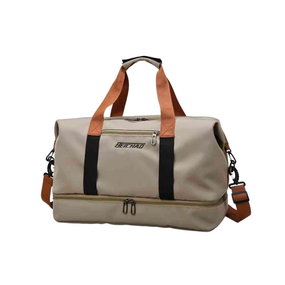 Bolsa de Academia e Viagem Grande com Compartimento de Sapatos Khaki Urbanno, vista frontal, exibindo alças de mão marrons e alça de ombro, e compartimento inferior com zíperes duplos.