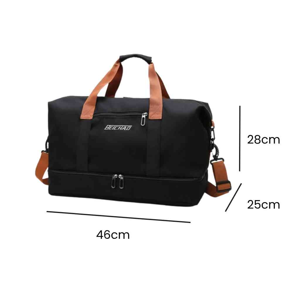 Bolsa de Academia e Viagem Grande com Compartimento de Sapatos Preta Urbanno, com linhas indicando suas dimensões de 46cm de comprimento, 28cm de altura e 25cm de largura.
