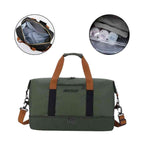 Bolsa de Academia e Viagem Grande com Compartimento de Sapatos Verde Urbanno, com a vista frontal da bolsa principal e dois círculos mostrando o interior aberto com divisórias e um detalhe do compartimento para garrafas.