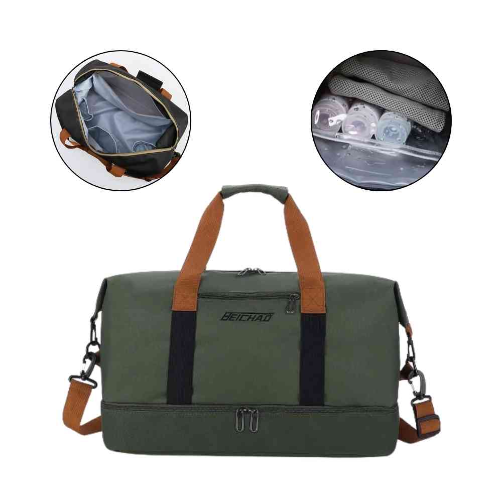 Bolsa de Academia e Viagem Grande com Compartimento de Sapatos Verde Urbanno, com a vista frontal da bolsa principal e dois círculos mostrando o interior aberto com divisórias e um detalhe do compartimento para garrafas.