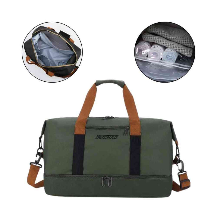Bolsa de Academia e Viagem Grande com Compartimento de Sapatos Verde Urbanno, com a vista frontal da bolsa principal e dois círculos mostrando o interior aberto com divisórias e um detalhe do compartimento para garrafas.