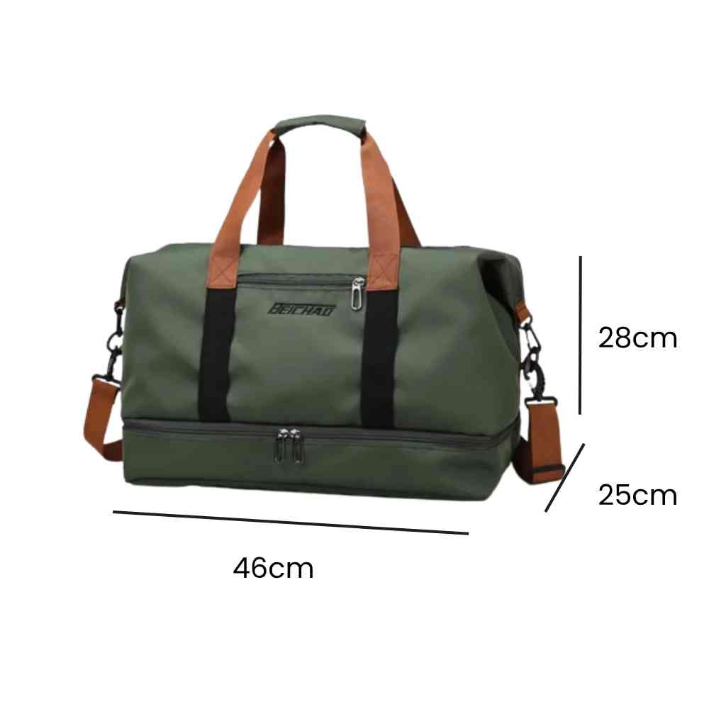 Bolsa de Academia e Viagem Grande com Compartimento de Sapatos Verde Urbanno, com a vista frontal da bolsa principal e dois círculos mostrando o interior aberto com divisórias e um detalhe do compartimento para garrafas.