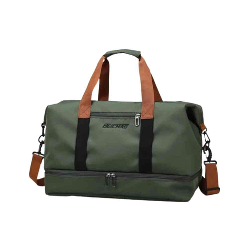 Bolsa de Academia e Viagem Grande com Compartimento de Sapatos Verde Urbanno, vista frontal, exibindo alças de mão marrons e alça de ombro, e compartimento inferior com zíperes duplos.