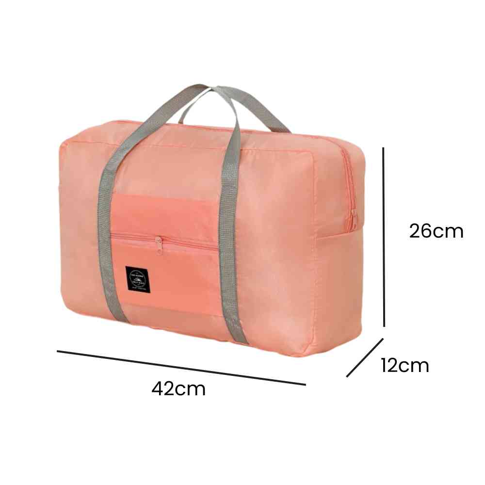 Bolsa de Academia e Viagens Dobrável Rosa Salmão Urbanno, com linhas indicando suas dimensões de 42cm de comprimento, 26cm de altura e 12cm de profundidade.