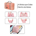 Bolsa de Academia e Viagens Dobrável Rosa Salmão Urbanno, com diagrama de cinco passos mostrando como a bolsa se dobra e se guarda, acompanhada da frase "A Bolsa que Cabe Dentro da Bolsa".