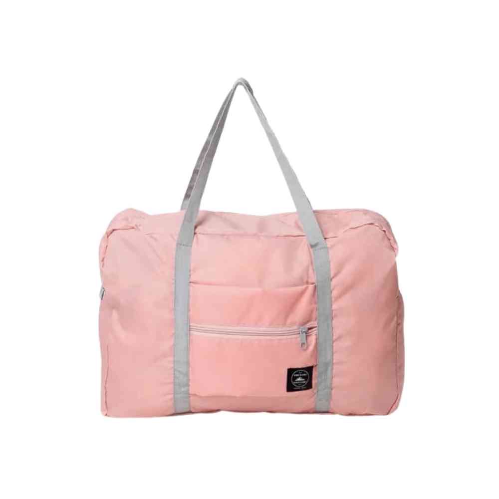 Bolsa de Academia e Viagens Dobrável Rosa Salmão Urbanno, vista frontal, com alças cinza claro e bolso frontal com zíper, destacando seu design compacto e funcional.
