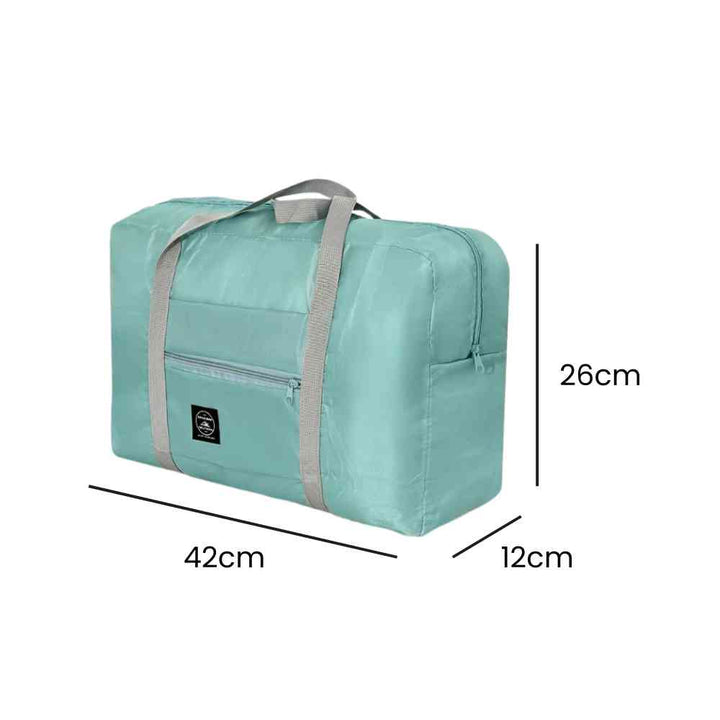 Bolsa de Academia e Viagens Dobrável Verde Água Urbanno, com linhas indicando suas dimensões de 42cm de comprimento, 26cm de altura e 12cm de profundidade.