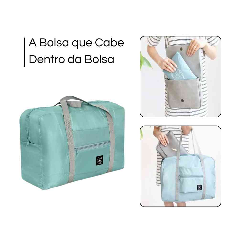 Bolsa de Academia e Viagens Dobrável Verde Água Urbanno, demonstrando como se dobra e é guardada em uma bolsa menor, com a frase "A Bolsa que Cabe Dentro da Bolsa" em destaque.
