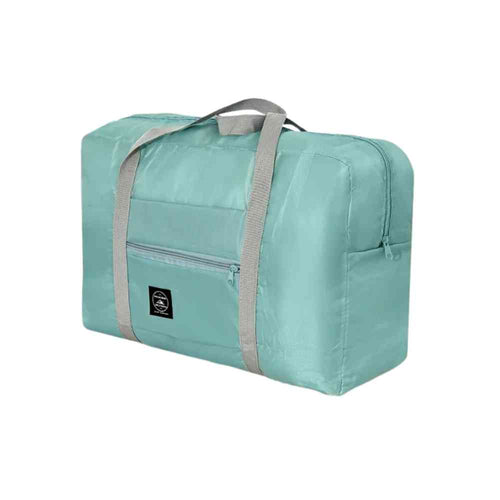 Bolsa de Academia e Viagens Dobrável Verde Água Urbanno, vista frontal, com alças cinza claro e bolso frontal com zíper, destacando seu design compacto e funcional.