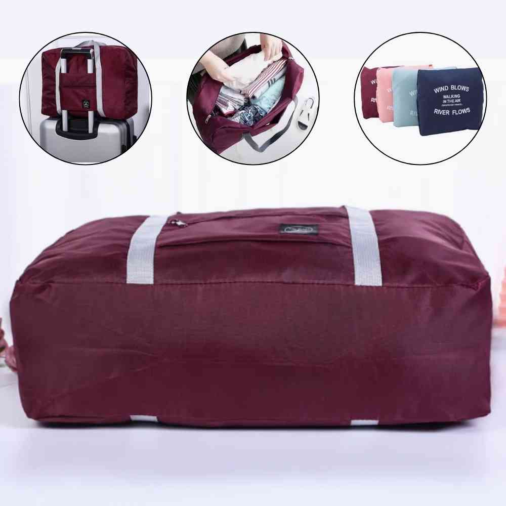 Bolsa de Academia e Viagens Dobrável Vinho Urbanno, com três círculos mostrando: a bolsa acoplada a uma mala, mãos arrumando roupas dentro e a bolsa dobrada ao lado de outras cores disponíveis.