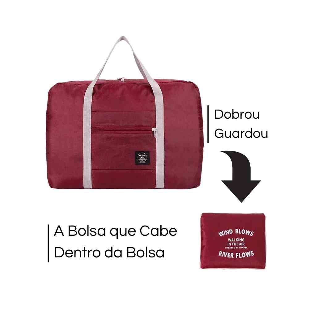 Bolsa de Academia e Viagens Dobrável Vinho Urbanno, mostrando em um diagrama como ela se compacta de uma bolsa grande para uma pequena e portátil, ilustrando sua facilidade de armazenamento.