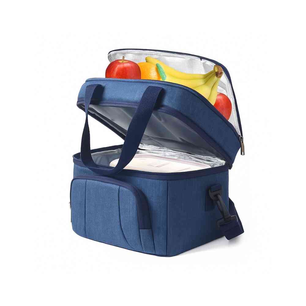Bolsa Térmica Grande para Marmita com Duplo Compartimento 10L Urbanno azul, aberta mostrando frutas no compartimento superior e o interior do compartimento inferior, destacando a organização em dois níveis urbanno