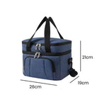 Bolsa Térmica Grande para Marmita com Duplo Compartimento 10L Urbanno azul, exibindo suas dimensões de 26cm de comprimento, 19cm de largura e 21cm de altura, ideal para organizar refeições urbanno